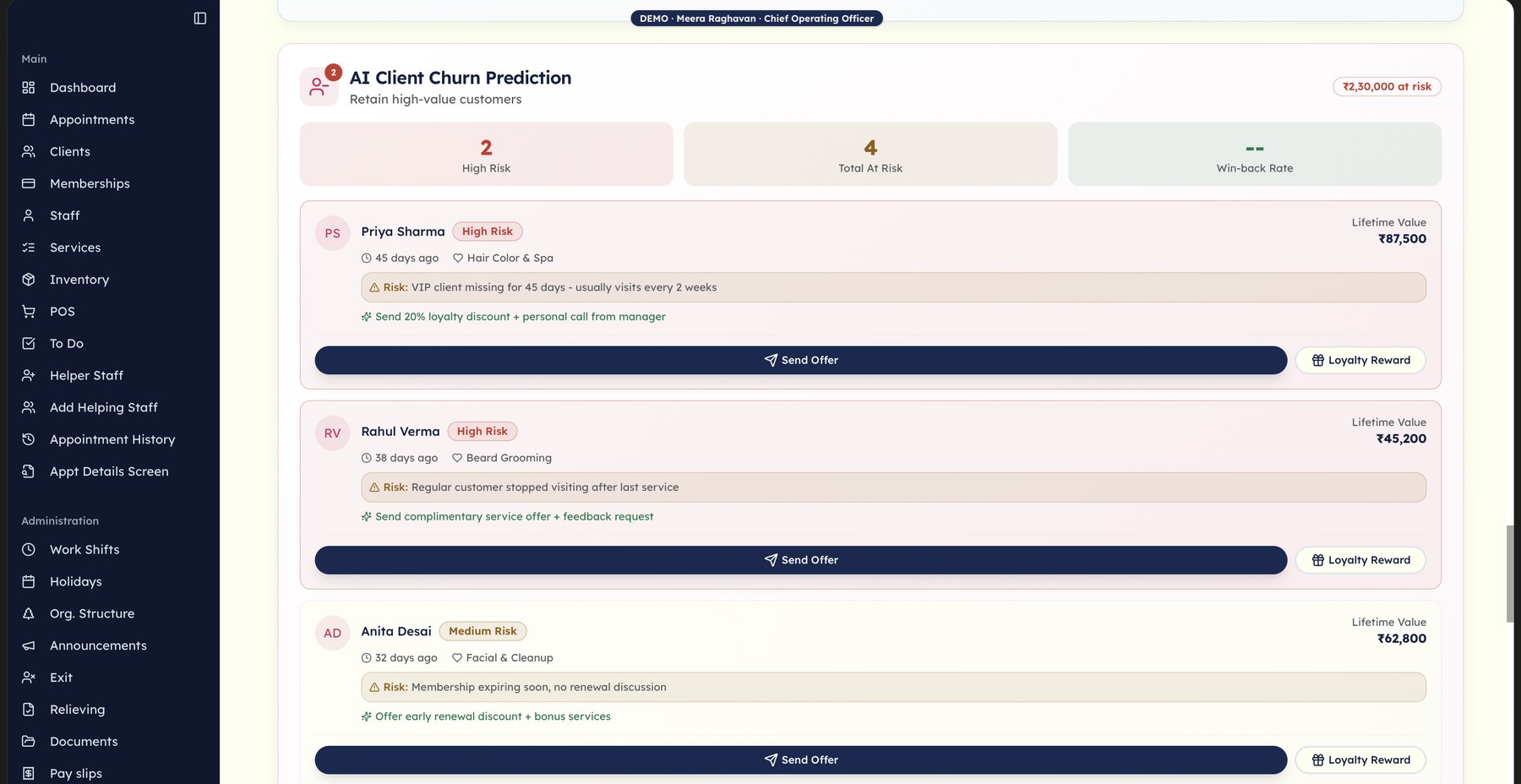AI Client Churn Prediction list with Send Offer actions