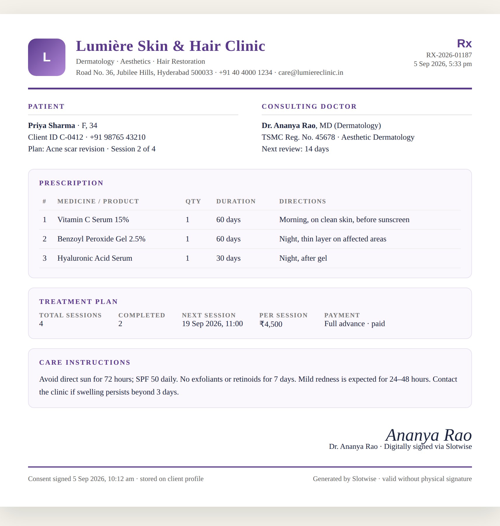 Illustrative e-prescription in a clinic's own branding: patient, doctor, prescription table, treatment plan, care instructions, digital signature