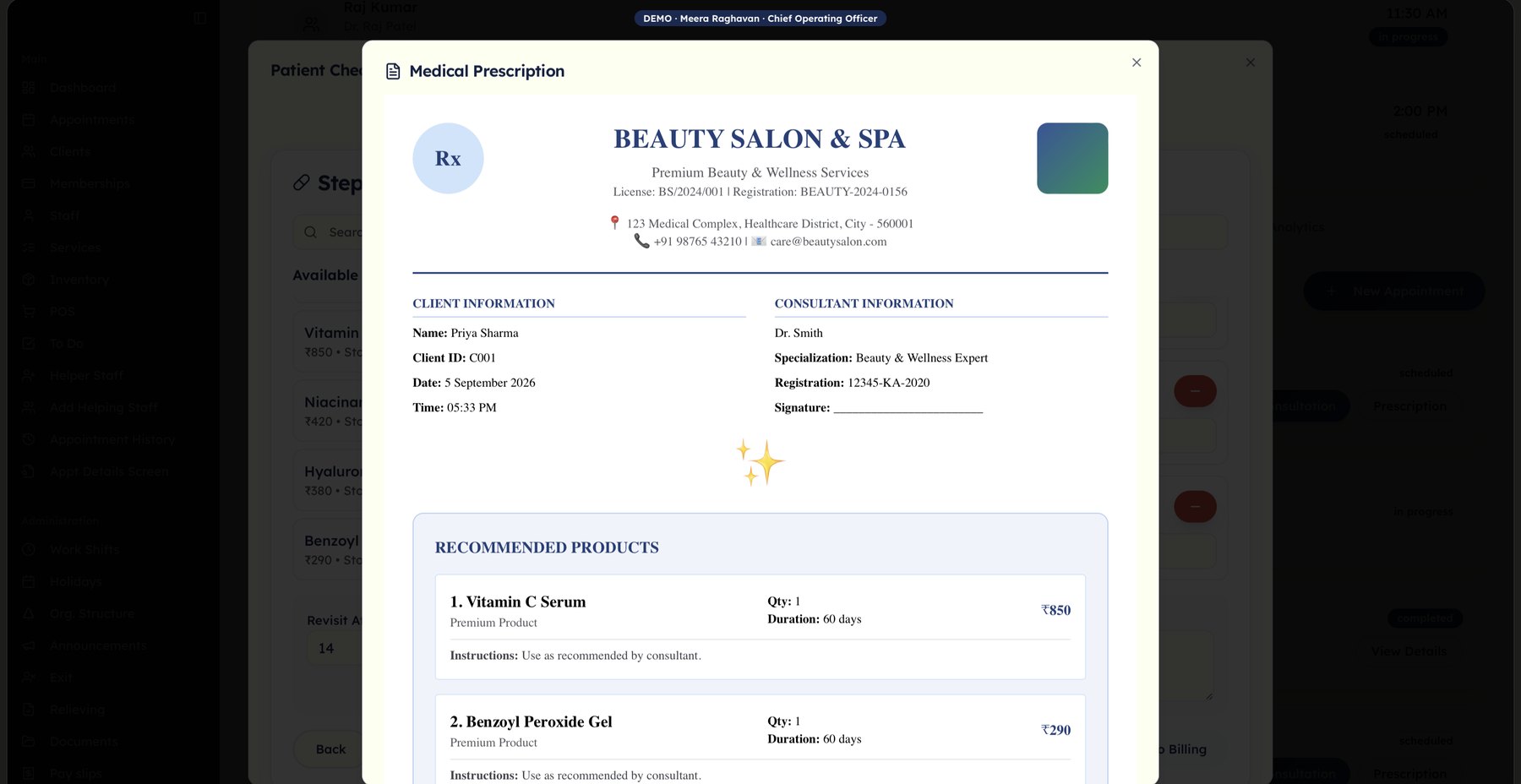 Prescription preview with recommended products, service plan and care instructions