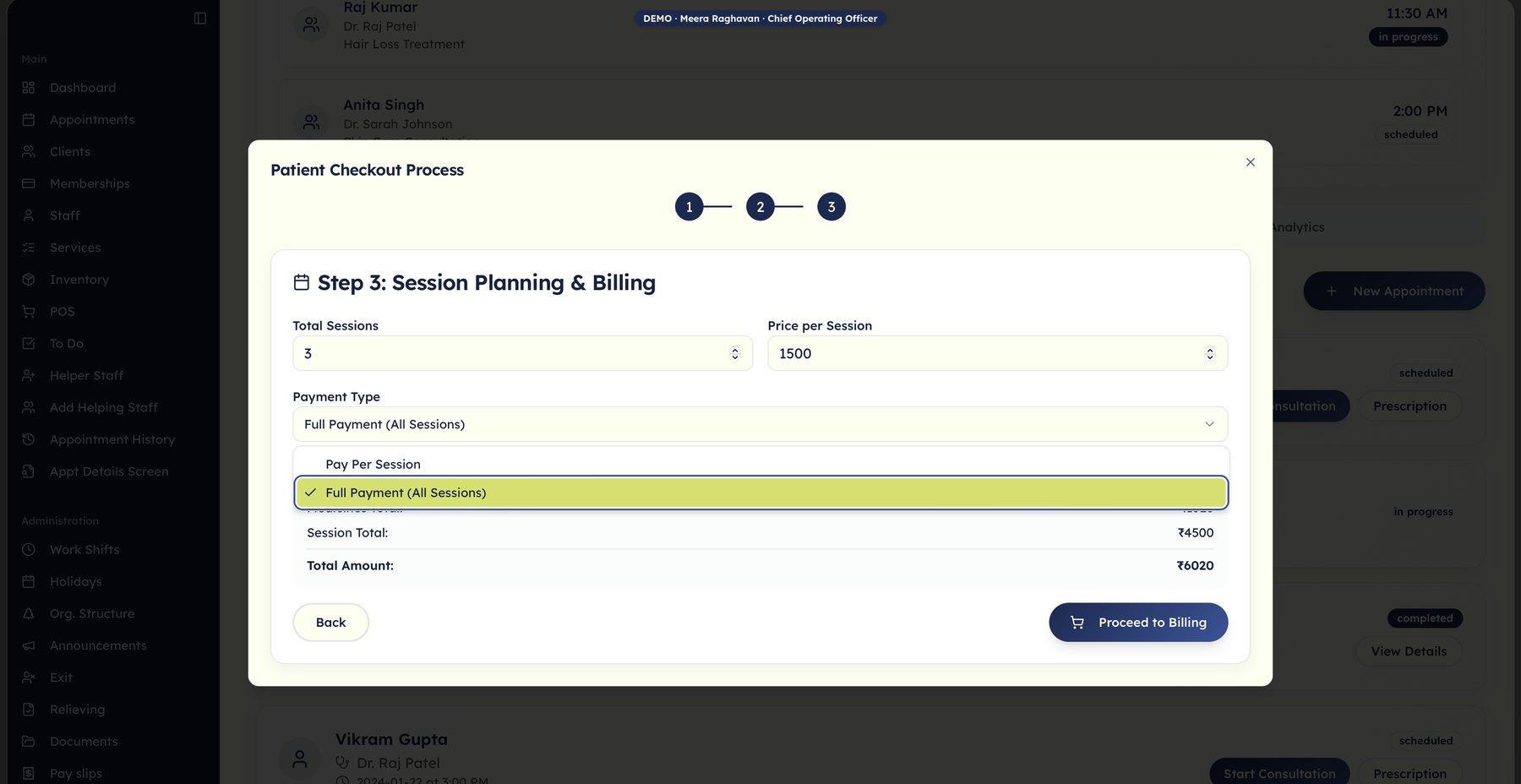Session planning and billing: total sessions, price per session, payment type