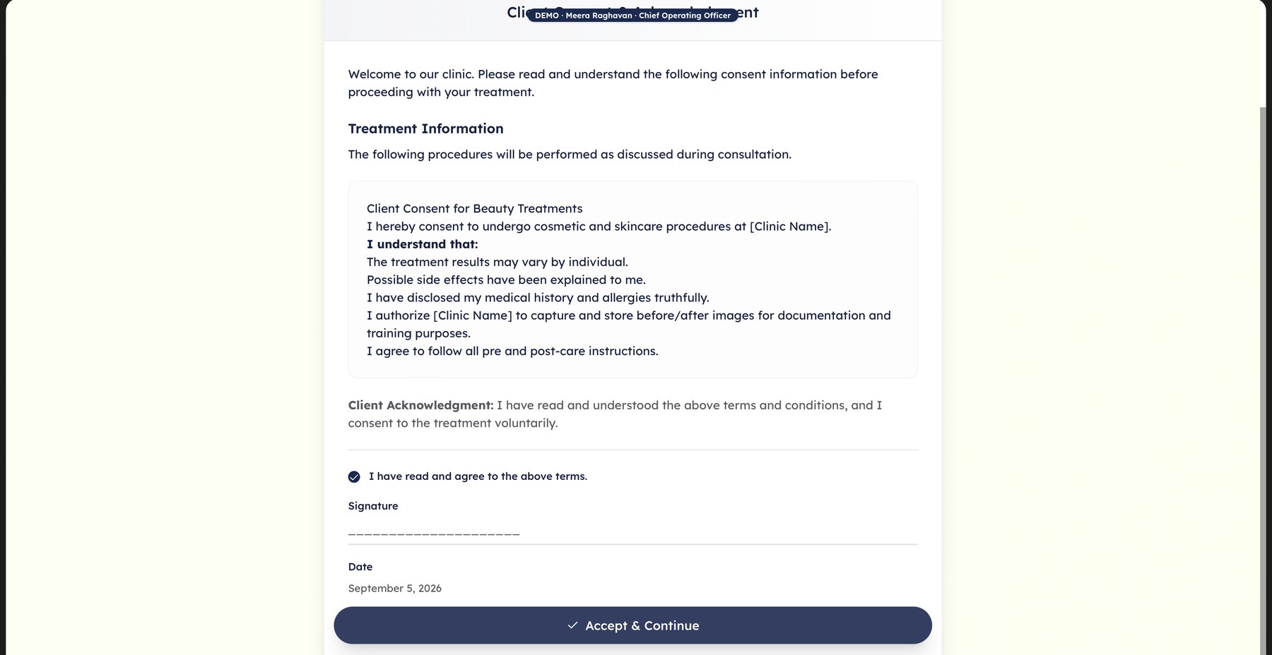 Treatment consent form as the client sees it, with acceptance, signature and date