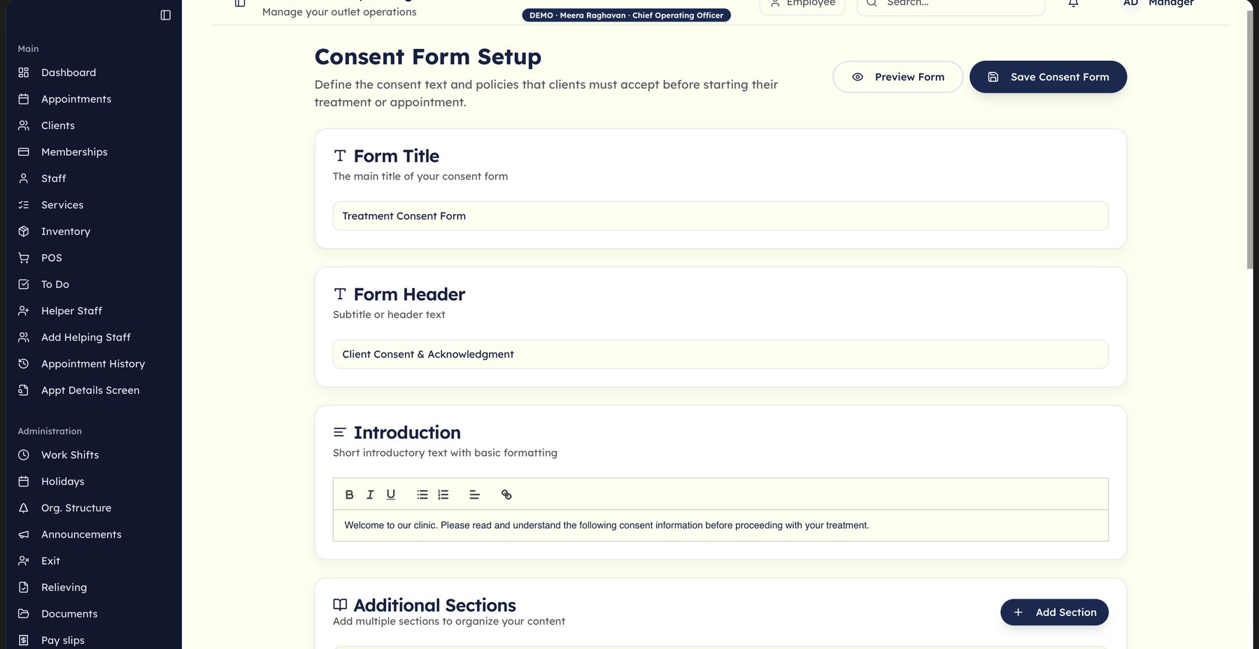 Consent form setup: title, header, introduction, sections